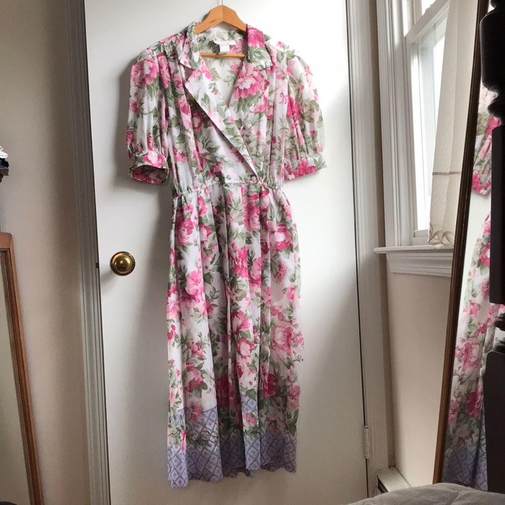 Vintage California Design Dress w/ Belt Floral pattern faux wrap puff sleeve Med